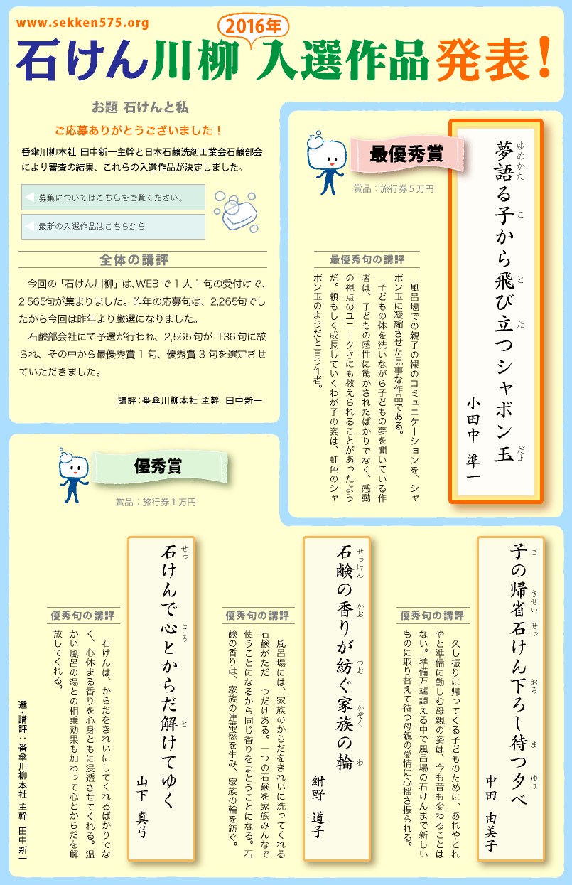 石けん川柳　2016入選作品発表！ ご応募ありがとうございました！
番傘川柳本社 田中新一主幹と日本石鹸洗剤工業会石鹸部会により審査の結果、これらの入選作品が決定しました。
講評：番傘川柳本社 主幹  田中新一。◎全体の講評：　今回の「石けん川柳」は、WEBで1人1句の受付けで、2565句が集まりました。昨年の応募句は、2265句でしたから今回は昨年より厳選になりました。
　石鹸部会社にて予選が行われ、2565句が136句に絞られ、その中から最優秀賞1句、優秀賞3句を選定させていただきました。
　
◎最優秀句の講評：　　
　風呂場での親子の裸のコミュニケーションをシャボン玉に凝縮させた見事な作品である。子どもの体を洗いながら子どもの夢を聞いている作者は、子どもの感性に驚かされたばかりでなく感動の視点のユニークさにも教えられることがあったようだ。頼もしく成長していくわが子の姿は虹色のシャボン玉のようだと言う作者。

◎優秀賞句1の講評：
　久し振りに帰ってくる子どものために、あれやこれやと準備に勤しむ母親の姿は、今も昔も変わることはない。準備万端調える中で風呂場の石けんまで新しいものに取り替えて待つ母親の愛情に心揺さ振られる。

◎優秀賞句2の講評：
　風呂場には、家族のからだをきれいに洗ってくれる石鹸がただ一つだけある。一つの石鹸を家族みんなで使うことになるから同じ香りをまとうことになる。石鹸の香りは、家族の連帯感を生み、家族の輪を紡ぐ。

◎優秀賞句3の講評：
　石けんは、からだをきれいにしてくれるばかりでなく、心休まる香りを心身ともに浸透させてくれる。温かい風呂の湯との相乗効果も加わって心とからだを解放してくれる。