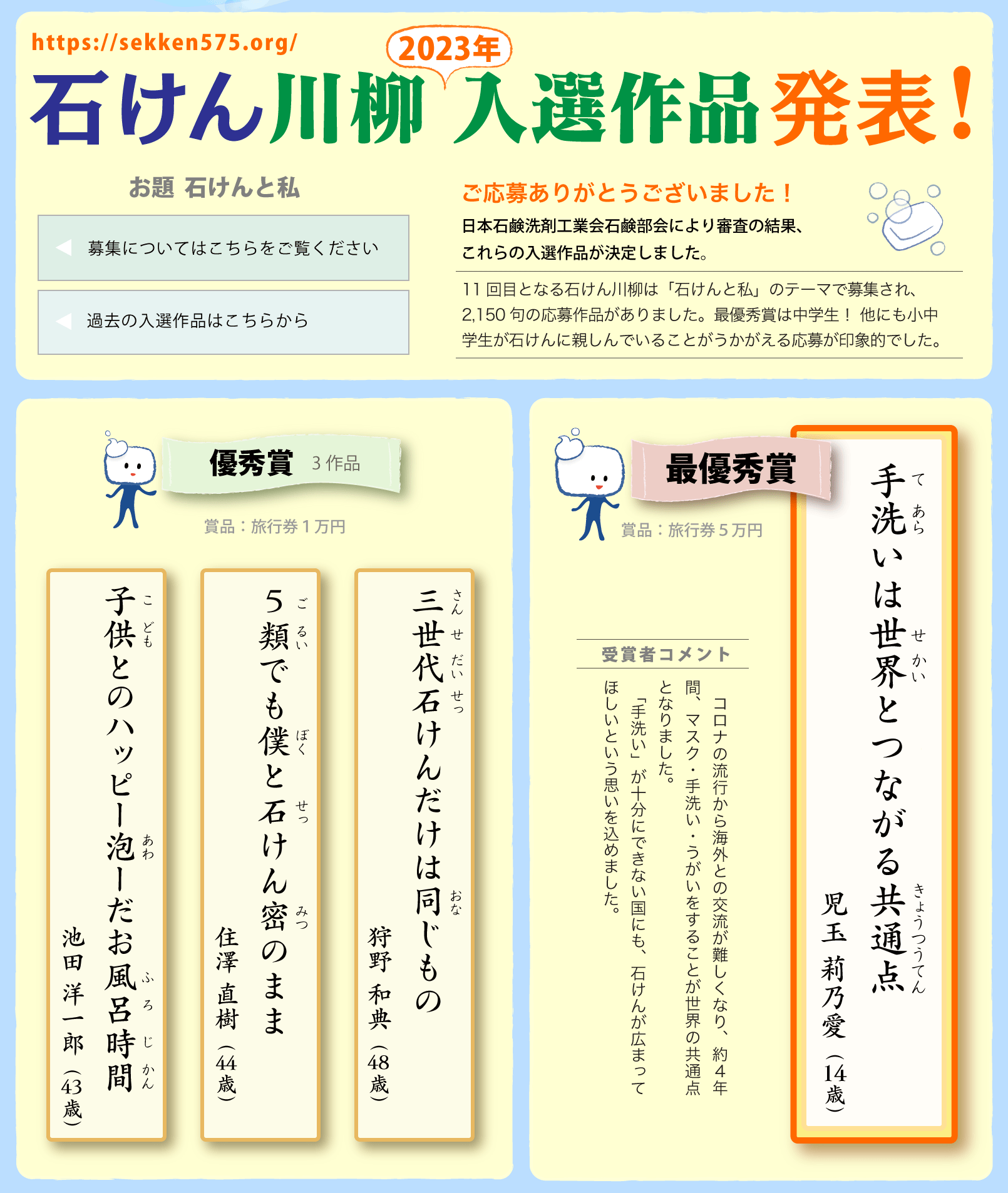 石けん川柳　2023入選作品発表！ ご応募ありがとうございました！
日本石鹸洗剤工業会石鹸部会により審査の結果、これらの入選作品が決定しました。11回目となる石けん川柳は「石けんと私」のテーマで募集され、2,150句の応募作品がありました。最優秀賞は中学生！ 他にも小中学生が石けんに親しんでいることがうかがえる応募が印象的でした。
　◎最優秀賞（賞品：ギフト券５万円）「手洗いは世界とつながる共通点（児玉 莉乃愛)」受賞者コメント:コロナの流行から海外との交流が難しくなり、約４年間、マスク・手洗い・うがいをすることが世界の共通点となりました。
　「手洗い」が十分にできない国にも、石けんが広まってほしいという思いを込めました。
◎優秀賞3作品（賞品：ギフト券１万円）「三世代石けんだけは同じもの（狩野 和典)」「5類でも僕と石けん密のまま（住澤 直樹)」「子供とのハッピー泡ーだお風呂時間（池田 洋一郎)」